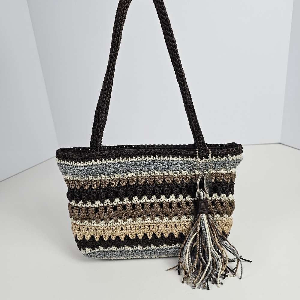 The Sak Crochet Shoulder Bag Brown Tan Gray Striped Tote Purse Tassel Boho